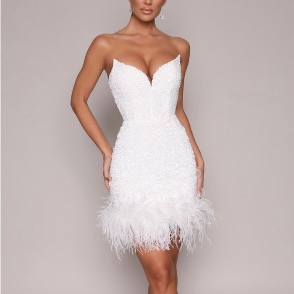 Ziva Strapless Sequin Mini Dress w/ Feather Trim - White